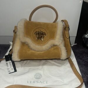NWT Versace Tan Suede Unitas Bag with Cream fur Accents